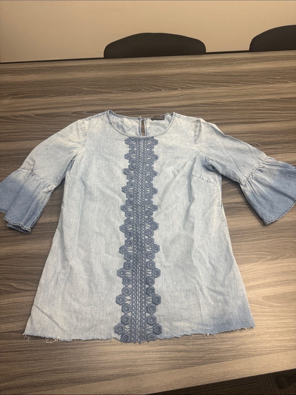 Luxology Light Blue Denim Tunic with Crochet Center Panel